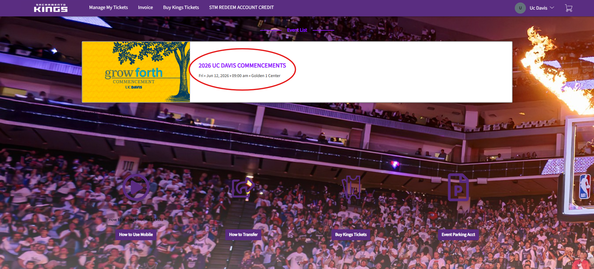Packed basketball arena with purple seating and a flame effect near the court