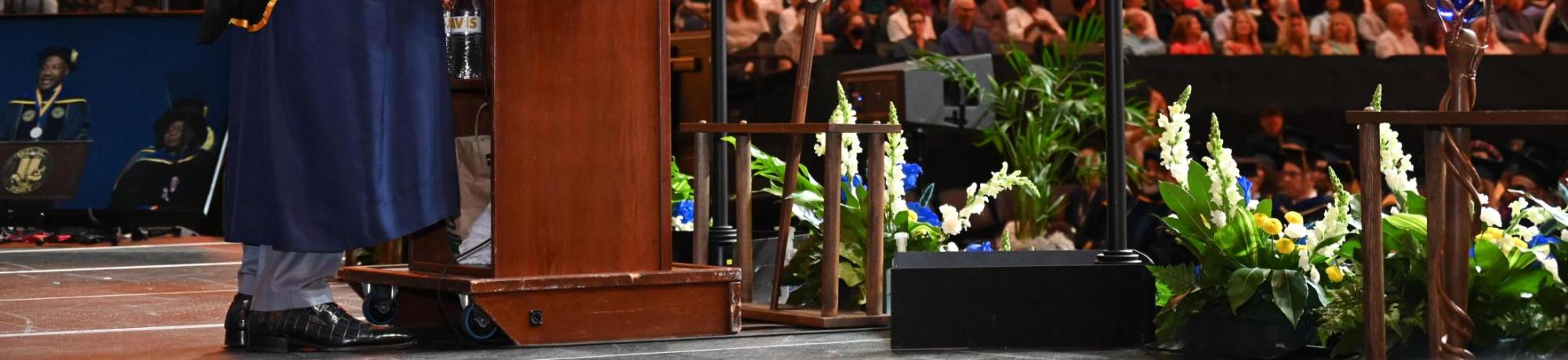 Chancellor May speaking during the Spring 2023 Undergraduate Commencement at Golden 1 Center